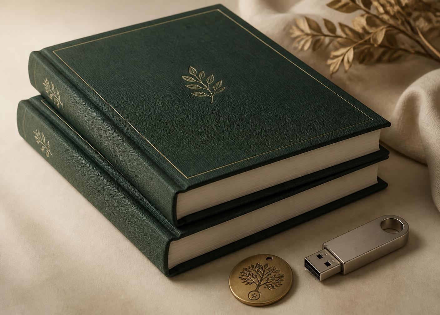 Hardcover memoir books beside a keepsake USB drive and engraved NFC medallion