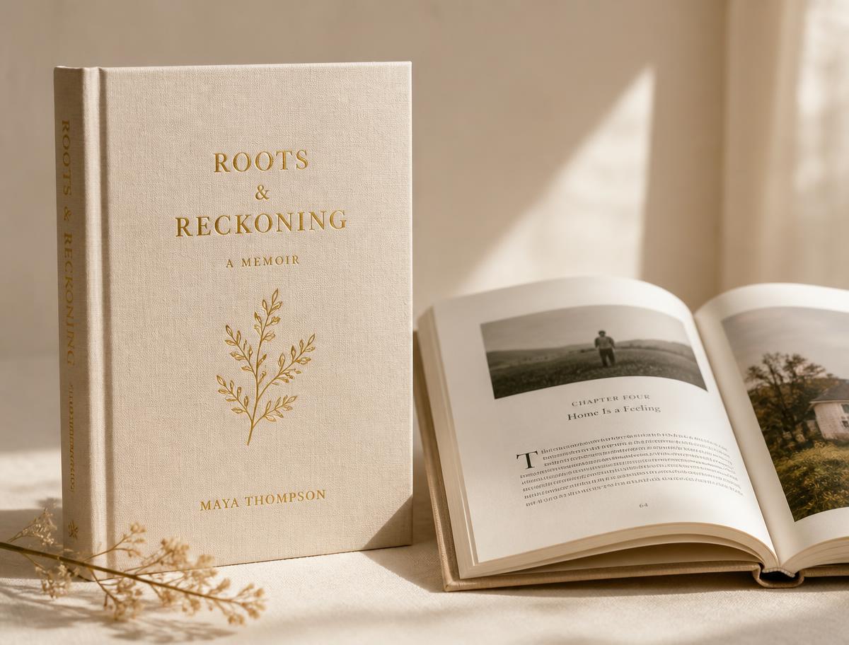 Linen-wrapped hardcover memoir standing beside an open copy showing photographs