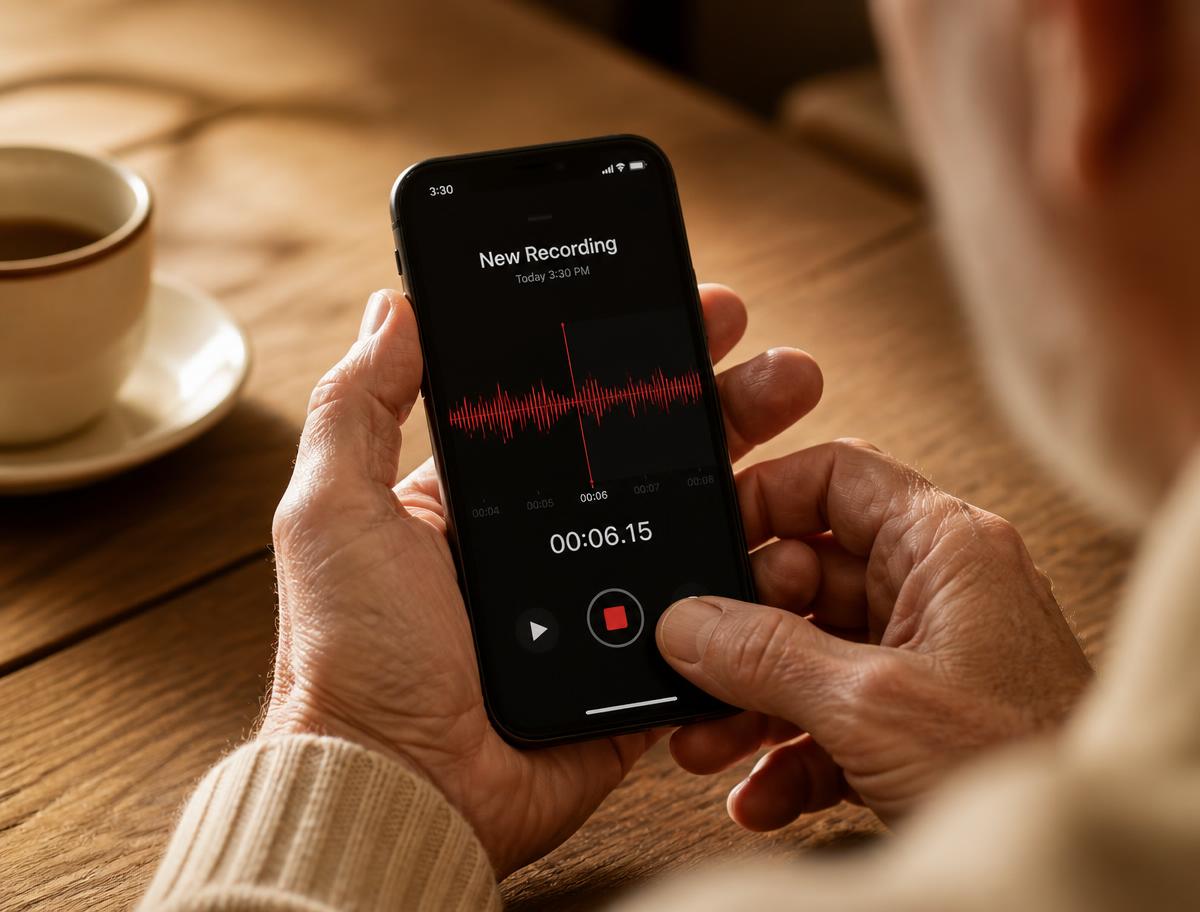 An older man recording a voice memo on his phone
